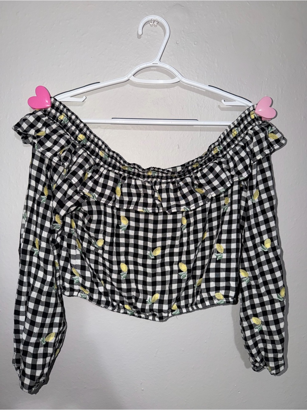 Forever 21 Black Gingham Off-Shoulder Crop Top with Yellow Lemon Embroidery